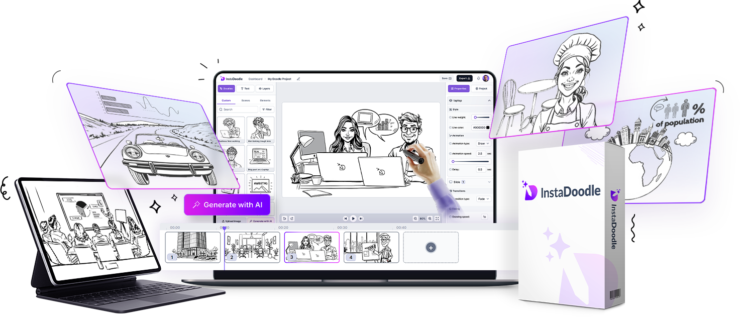 InstaDoodle visual content creation software dashboard showing the drag-and-drop interface and DoodleAI features for creating whiteboard animations.